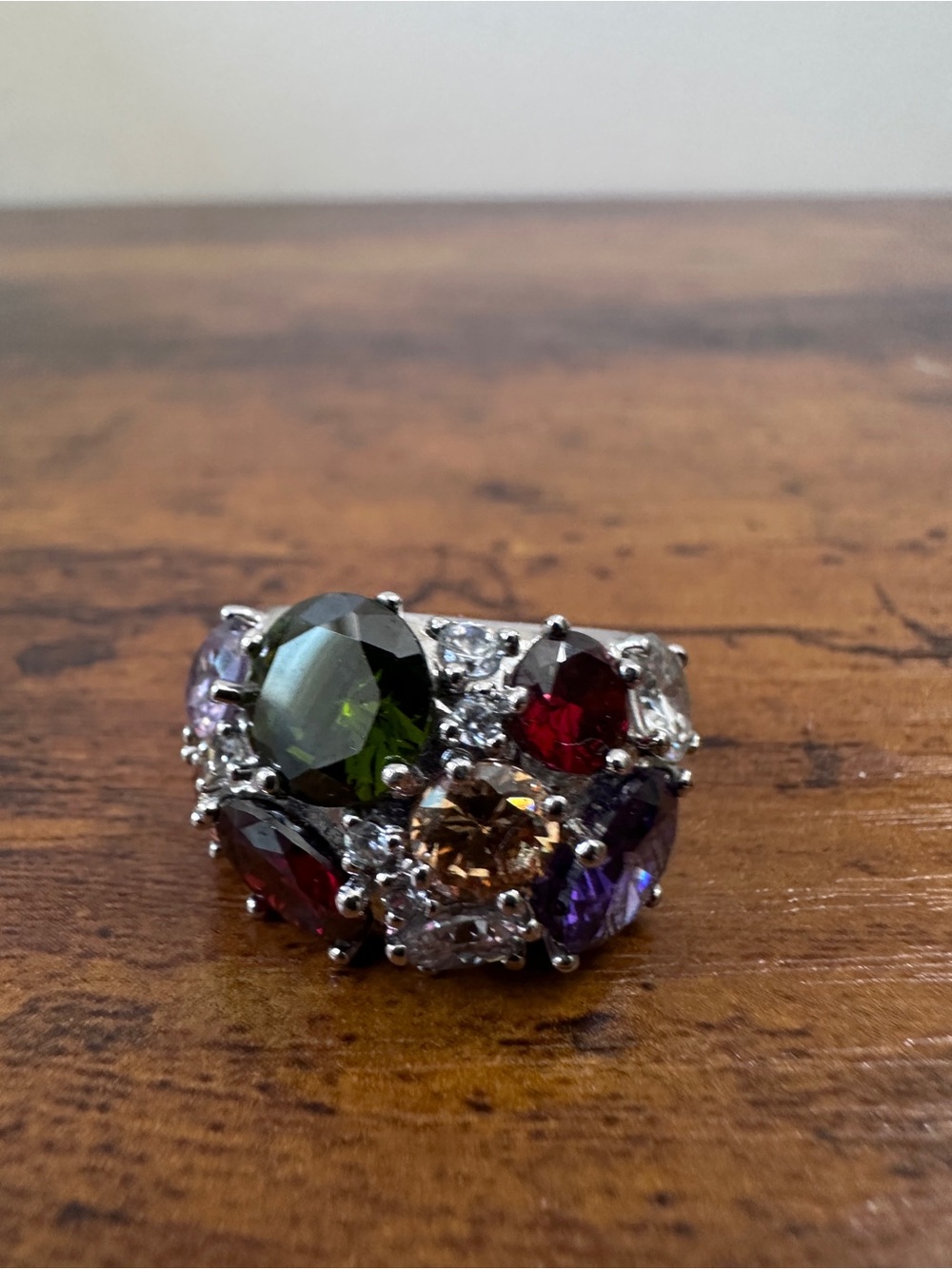Vtg NVC Nataliya V Collister Multicolor CZ Cluster Cocktail Ring Silver Tone Sz8